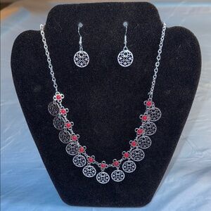 Paparazzi Silver and Red Filigree Necklace Set